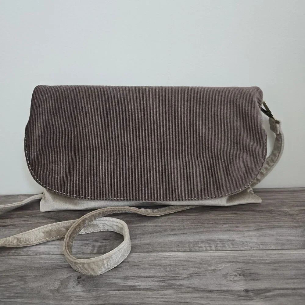 Anthropologie Fold Over Purse Brown Tan Case Bag Velvet Crossbody Adjustable